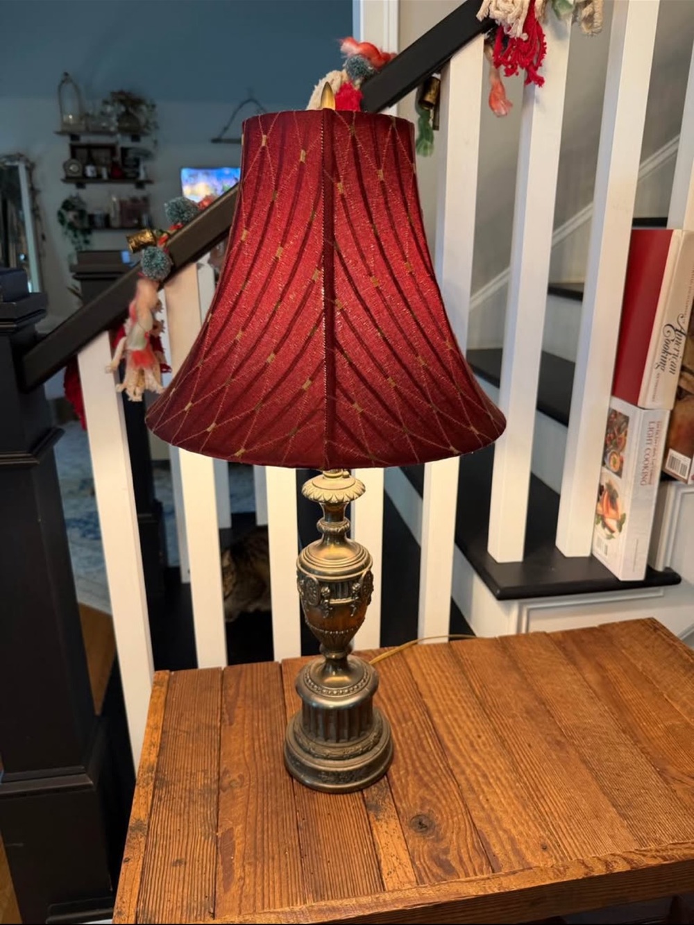 Classic Red Table Lamp with Ornate Bronze Base